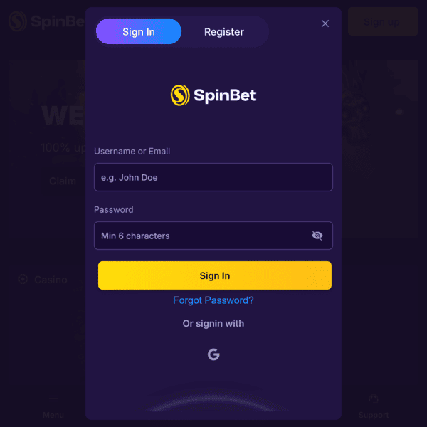 Login Form SpinBet Casino