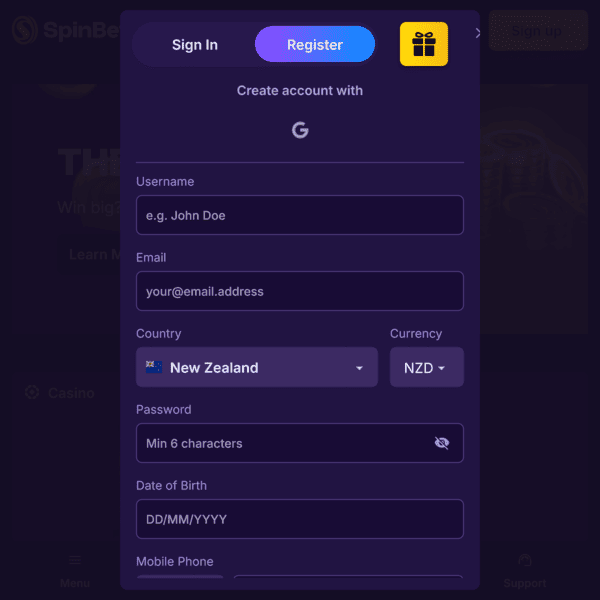 Registration Form SpinBet Casino